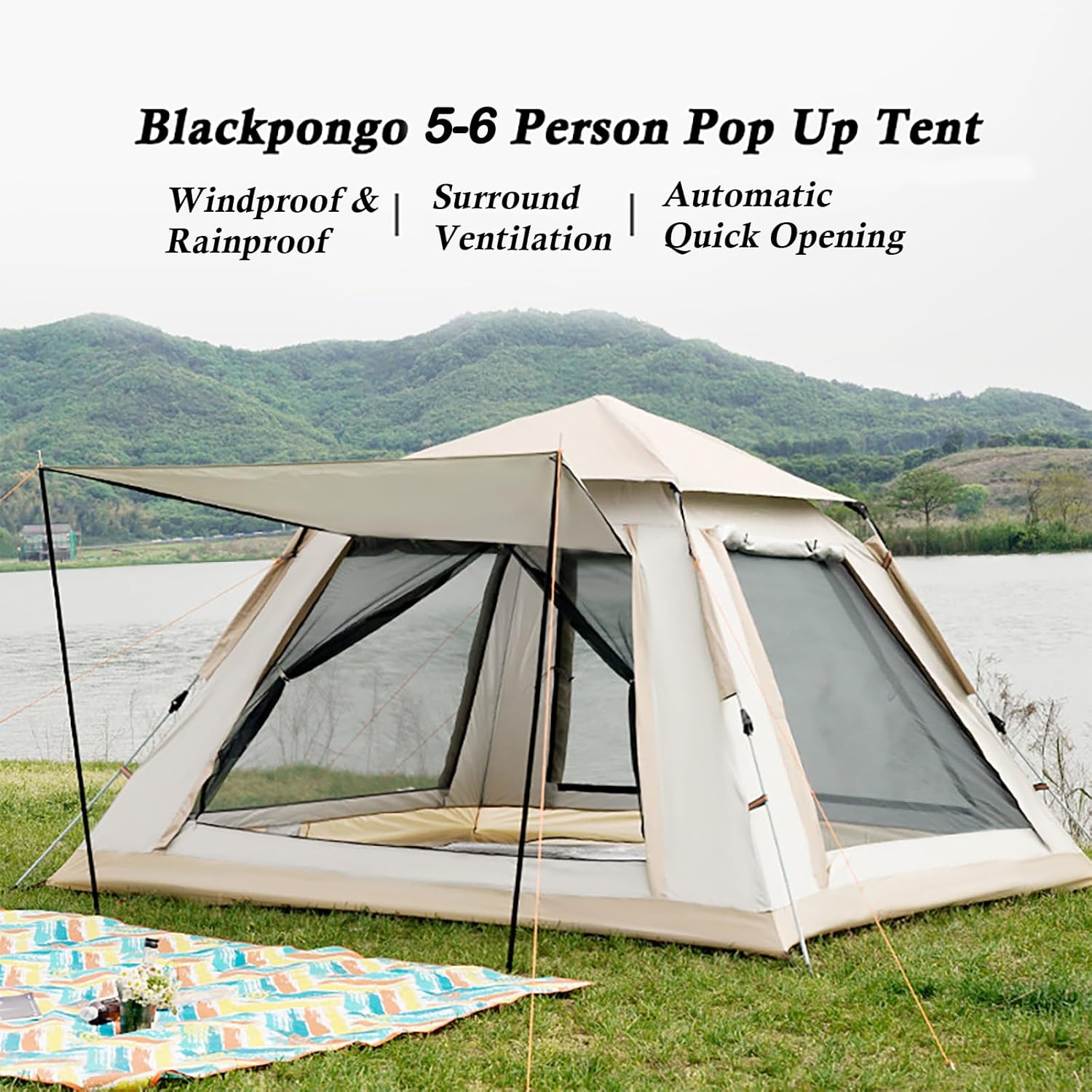 Instant Pop Up Camping Tent for 4-6 Person, 2 Mesh Windows & 2 Doors, Easy Set Up with Vestibule & Rainfly