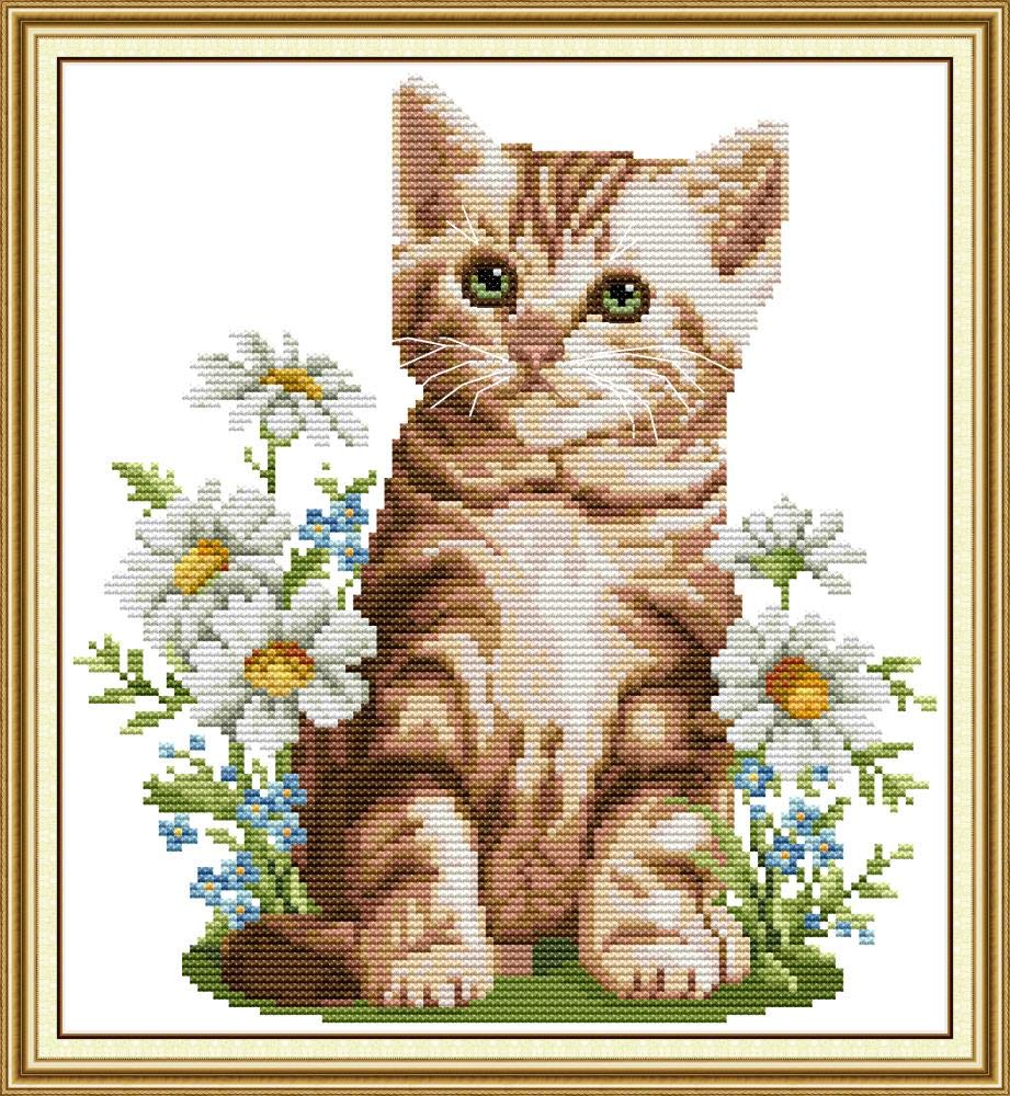 YEESAM ART Kit De Broderie Au Point De Croix Estampillé Pour Adultes Et Enfants Débutants, Motif Chat Et Fleurs Blanches 11 Ct 35 × 38 Cm