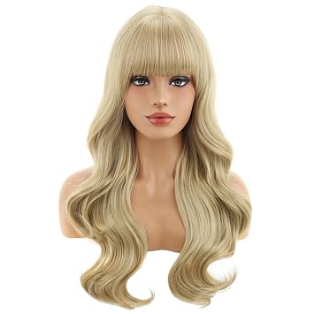 BERON Women Blonde Wigs Long Curly Wave Wig with Bangs Girls Blond Wavy Heat Resistant Synthetic Wigs for Cosplay Costume Party or Daily