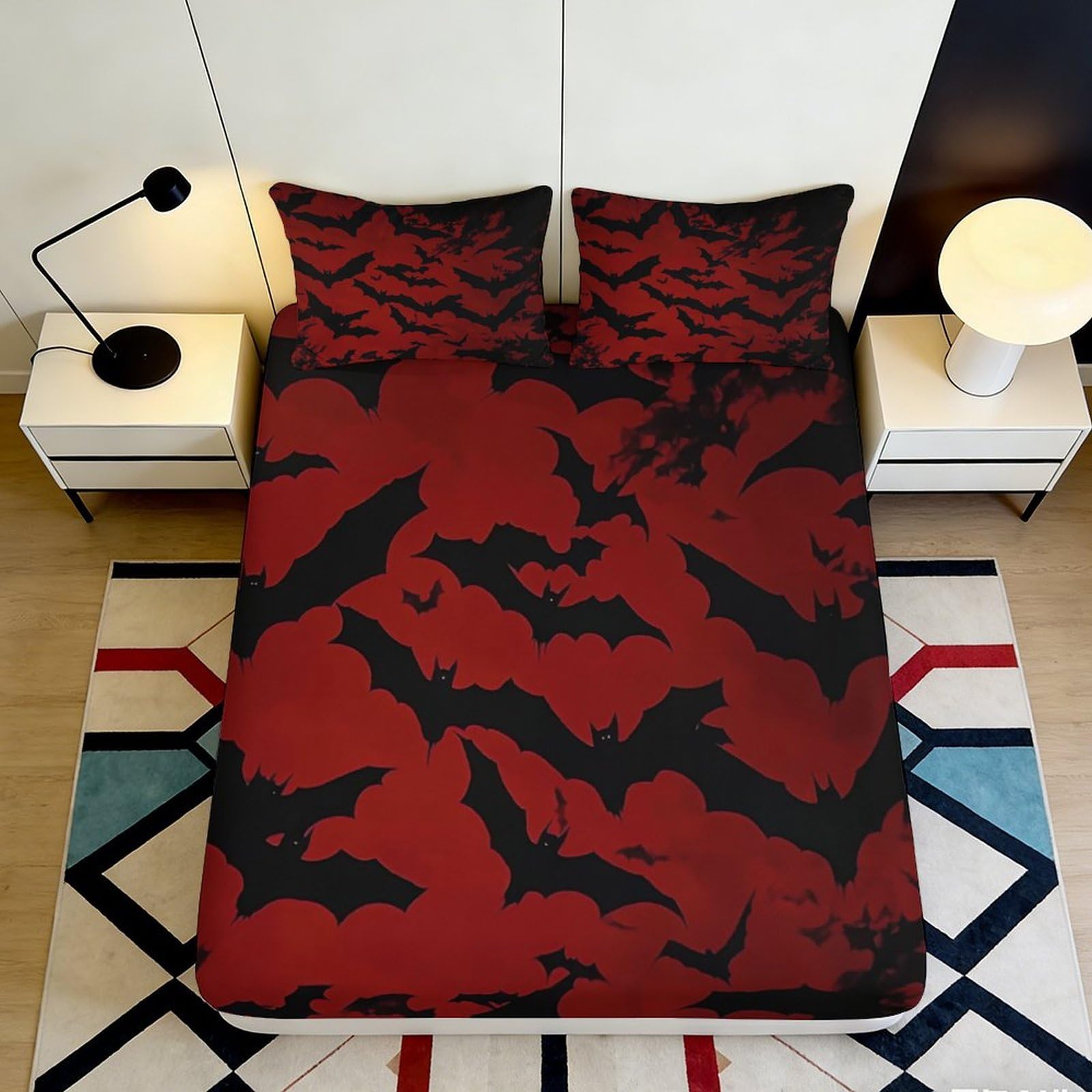3D Printed Red Bats Fitted Sheet Microfiber Soft Anti-Slip Gothic Bat Pattern Mattress Cover for Bedroom Dorm Decor 90x200x25cm