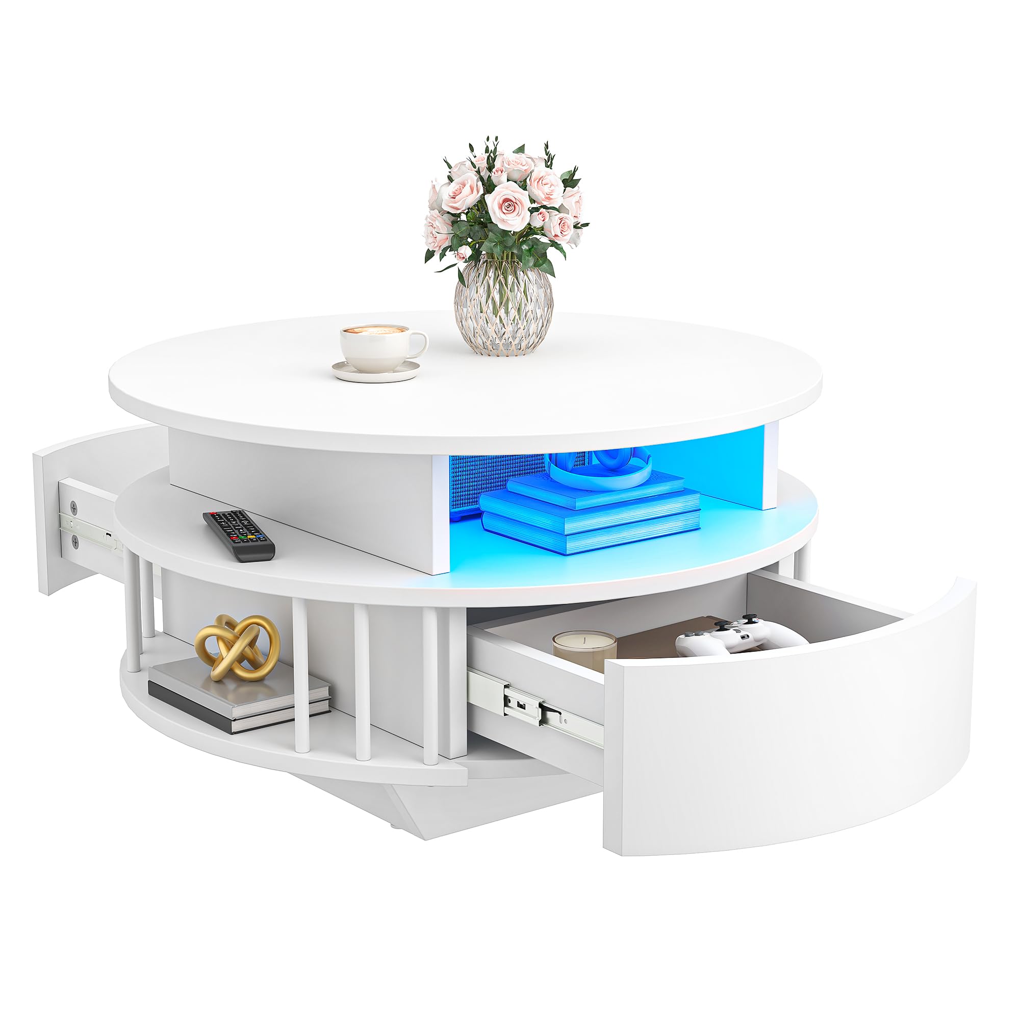 YITAHOME Modern Round Coffee Table with LED Lights, 70 cm Coffee Table with 2-Tier Storage Space and 2 Storage Drawers, Fluted Coffee Tables with and Shelves, Accent Table for Living Room, White