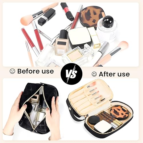 Miniatura 6 de Omnpak Bolsa de maquillaje de viaje, bolsa de cosméticos, bolsa de cosméticos de doble capa con organizador de brochas de maquillaje, bolsa de