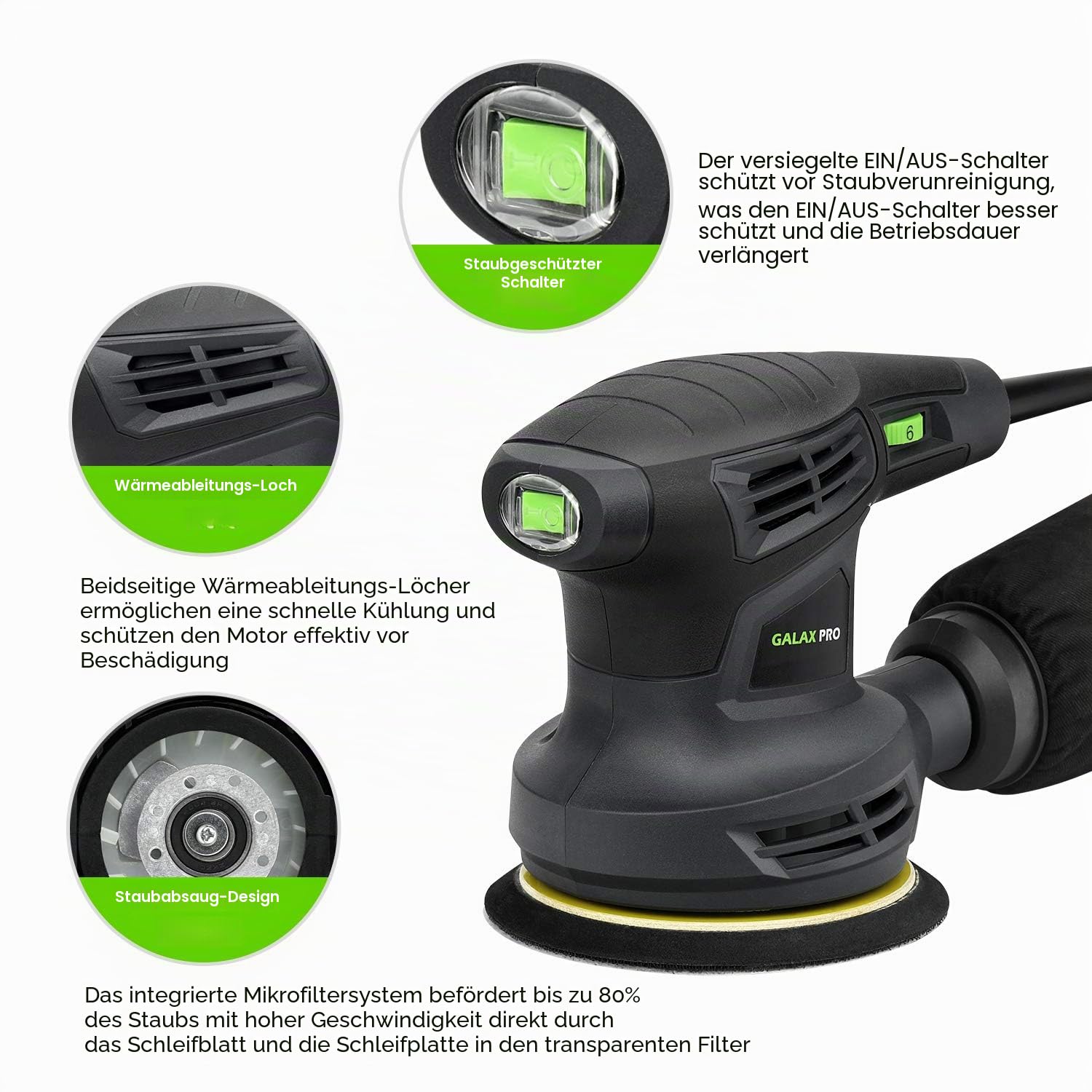GALAX PRO Exzenterschleifer 280W, 13000 OPM Zufalls-Orbitalschleifer | 125mm Schleifmaschine, mit 6 variablen Geschwindigkeiten und 15 Stückchen, staubsaugerkompatibel für Holz- & Schleifarbeiten