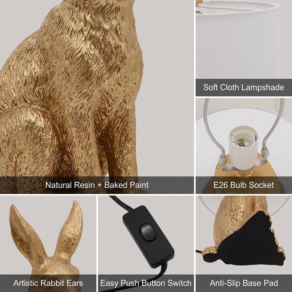 TFCFL Modern Golden Rabbit Table Lamp, Creative Cute Bunny Desk Light for Bedroom Bedside, Office, Living, Dining & Study Room, E26 Bulb Base, 60W Max (Bulb Not Included)