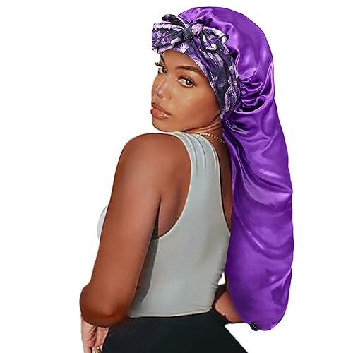 Miniatura 8 de Gorro de satén de seda para el cabello gorros largos con banda de amarre elástica, correas ajustables, tamaño jumbo para dormir cómodamente, gorros