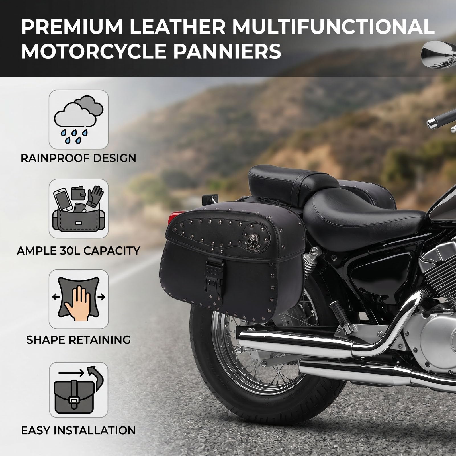 aqxreight Uniwersalne Torby Boczne Motocyklowe Sakwy ze Skóry PU 30L