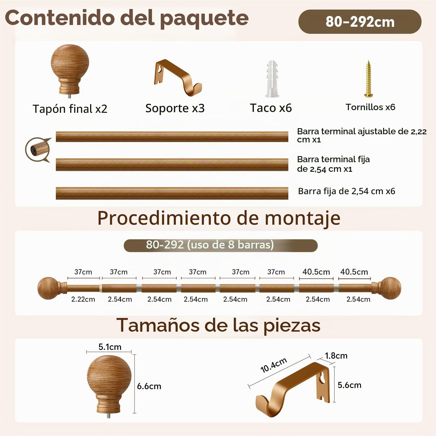Barra De Cortinas Extensible Con Aspecto Madera,Longitud 82-292 Cm | Estilo RúStico,InstalacióN Mural,DiáMetro 25 Mm,Capacidad De Carga 15 Kg,Apta Para Interiores Dormitorio y SalóN