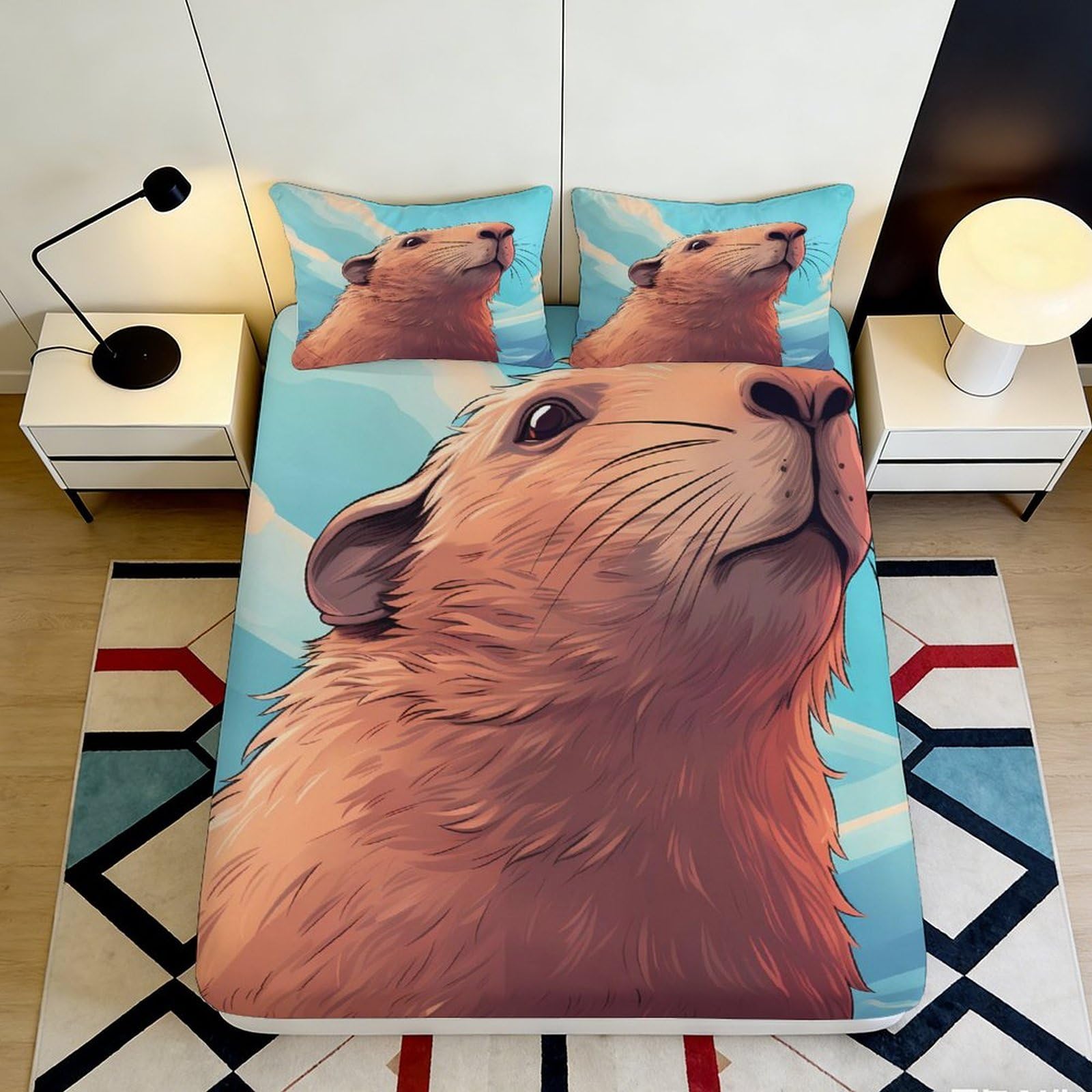 3D Printed Capybara Animal Fitted Sheet Microfiber Bedroom Decor Cartoon Rodent Mattress Cover for Home Dorm 90x200x25cm