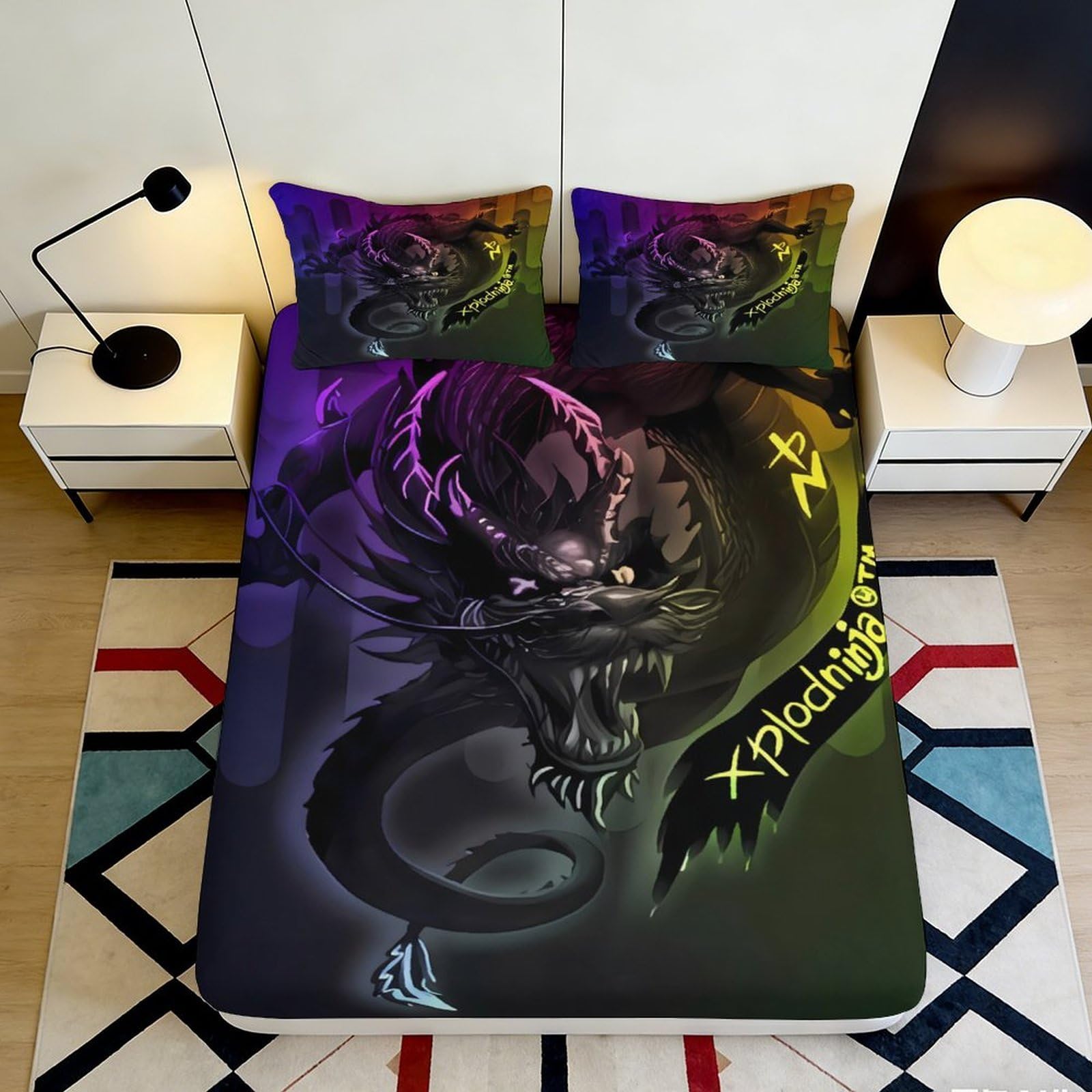 3D Printed Dragon Fitted Sheet Microfiber Deep Pocket Bedroom Set Non-Slip Dragon Mattress Fitted Cover Washable 200x200x25cm