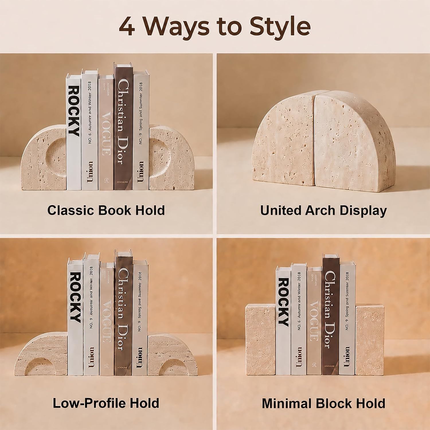 Travertine Book Ends, Decorative Stone Bookends for Shelves, Heavy Bookends
