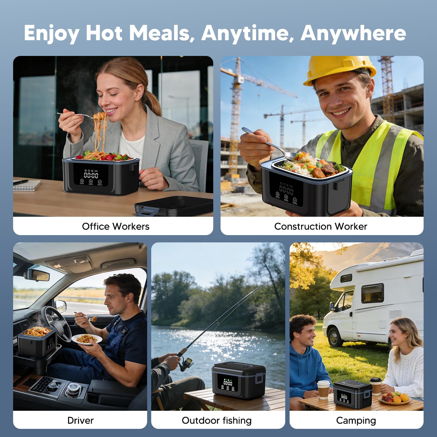 Elektrische Lunchbox mit Akku, 2026 Upgrade Electric Lunch Box mit Display & Eiskristallbox, 1,5L Wiederaufladbar Elektrisch Beheizbare Lunchbox Tragbare Heat Box für Arbeit/Auto/LKW/Büro/Reisen