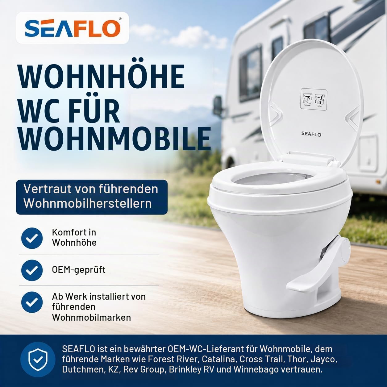 SEAFLO Wohnmobil-WC – Standardhöhe, Schwerkraftspülung, Fußpedal, sanft schließender Deckel