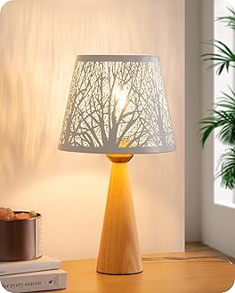 EDISHINE 13.58" Small Table Lamp, Wooden Bedside Lamp, Tree Hollowed Iron Lampshade, Nightstand Lamp for Nursery, Bedroom, Living Room, ON-Off Switch, E26 Socket, Original Wooden Color