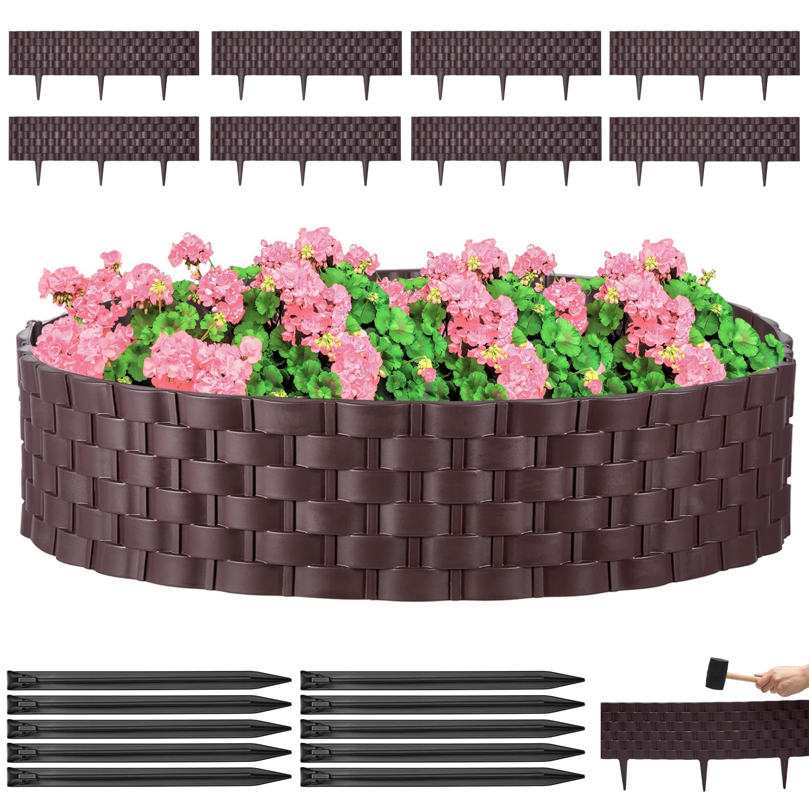 Sasylvia 8 Sets Faux Rattan Brown Landscape Edging Flexible Plastic Garden Border Decorative Lawn Edging Flower Bed Edging Borders with Anchoring Stakes and Hammer for Outdoor, 23.62 x 0.3 x 8.66 Inch