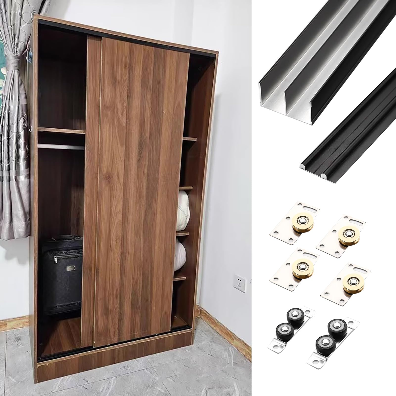 Guia Puerta Corredera Kit de Herrajes para Puertas Corredizas de Granero de 60, 70, 80, 90, 100, 130 y 150 cm, Herrajes de Repuesto para Rieles de Puertas Corredizas de Armario(Black,96cm/37.8inch)