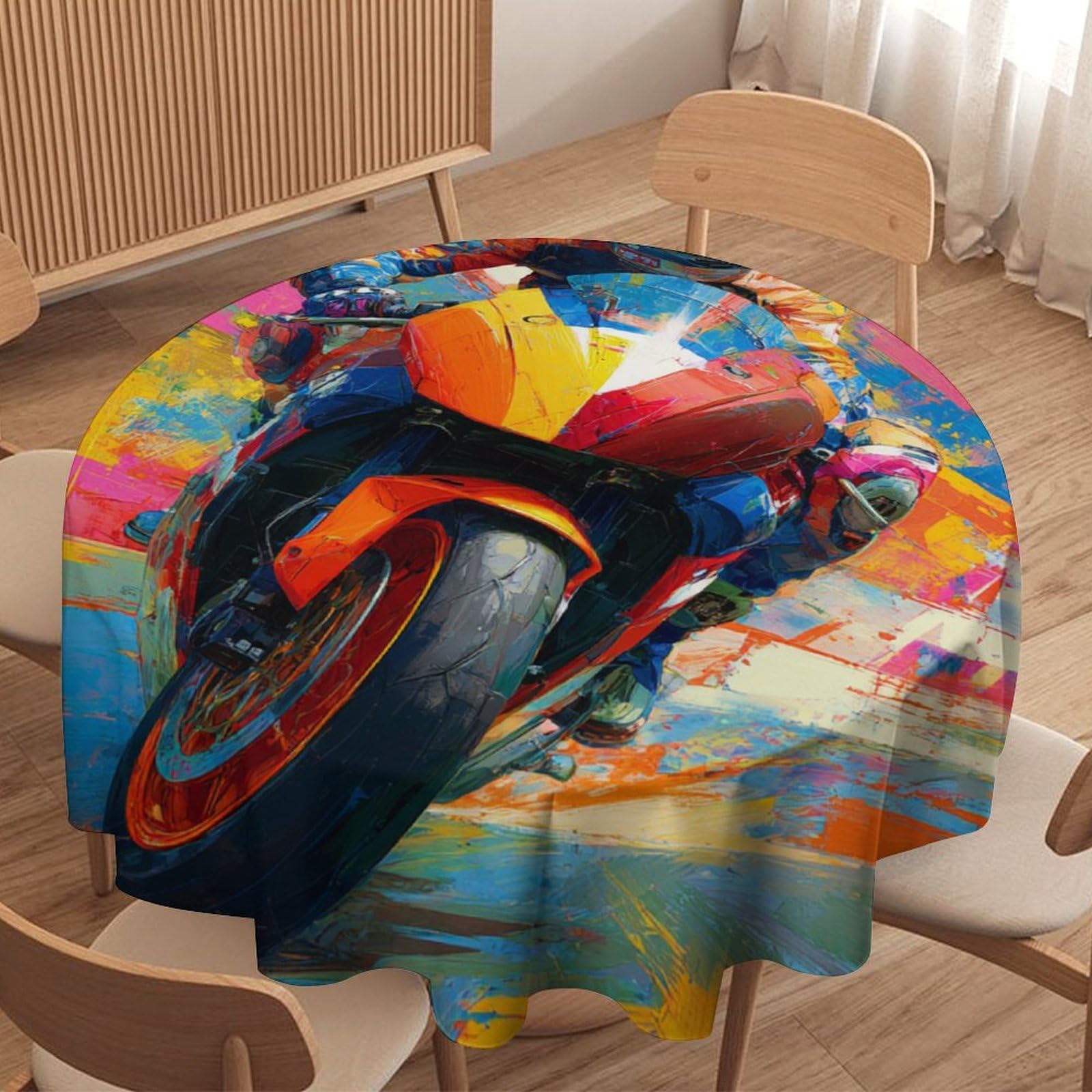 LUYYSKY Cool Realistic Rider Round Tablecloth Graffiti Watercolor Extreme Sports Theme Motorbike Racer Pattern Washable Decor for Table Cover for Kitchen-152.4" Wx152.4 L cm
