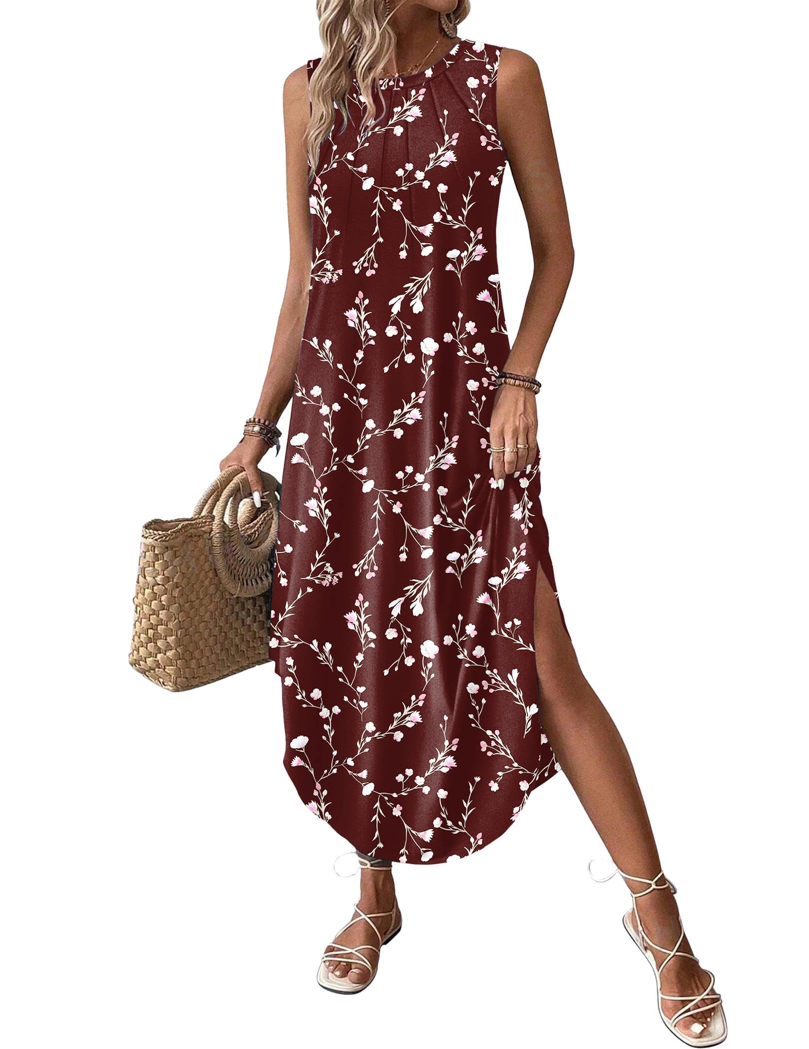 Zeagoo Women Floral Summer Casual Beach Printed Tank Dress with Pockets Pleated Front Long Dress