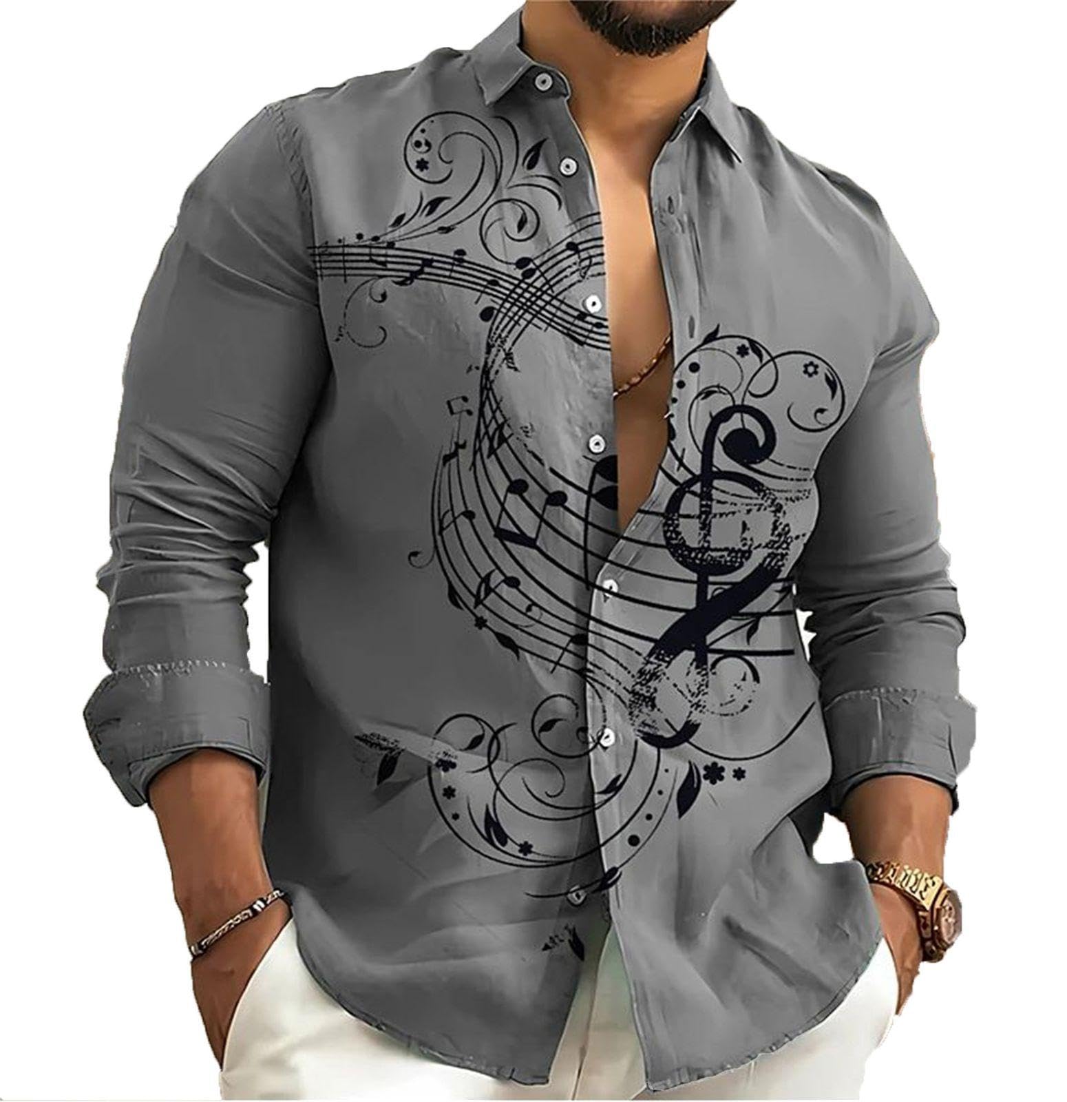 XuanXmy Camisa De Manga Larga con Estampado 3D De Nota Musical para Hombre Camisa De Cárdigan con Solapa Holgada a La Moda De Primavera y Verano