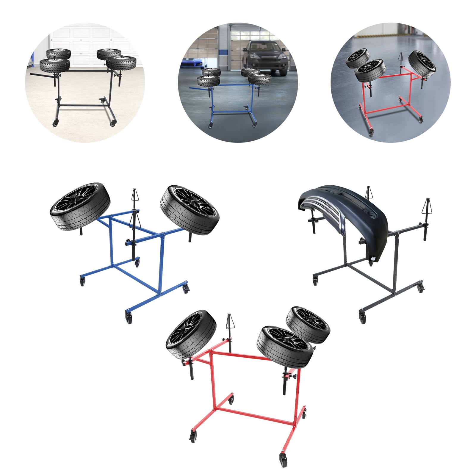 Soporte de pintura profesional para llantas con soportes giratorios 360° y 4 ruedas universales, soporte para 4 llantas (azul)