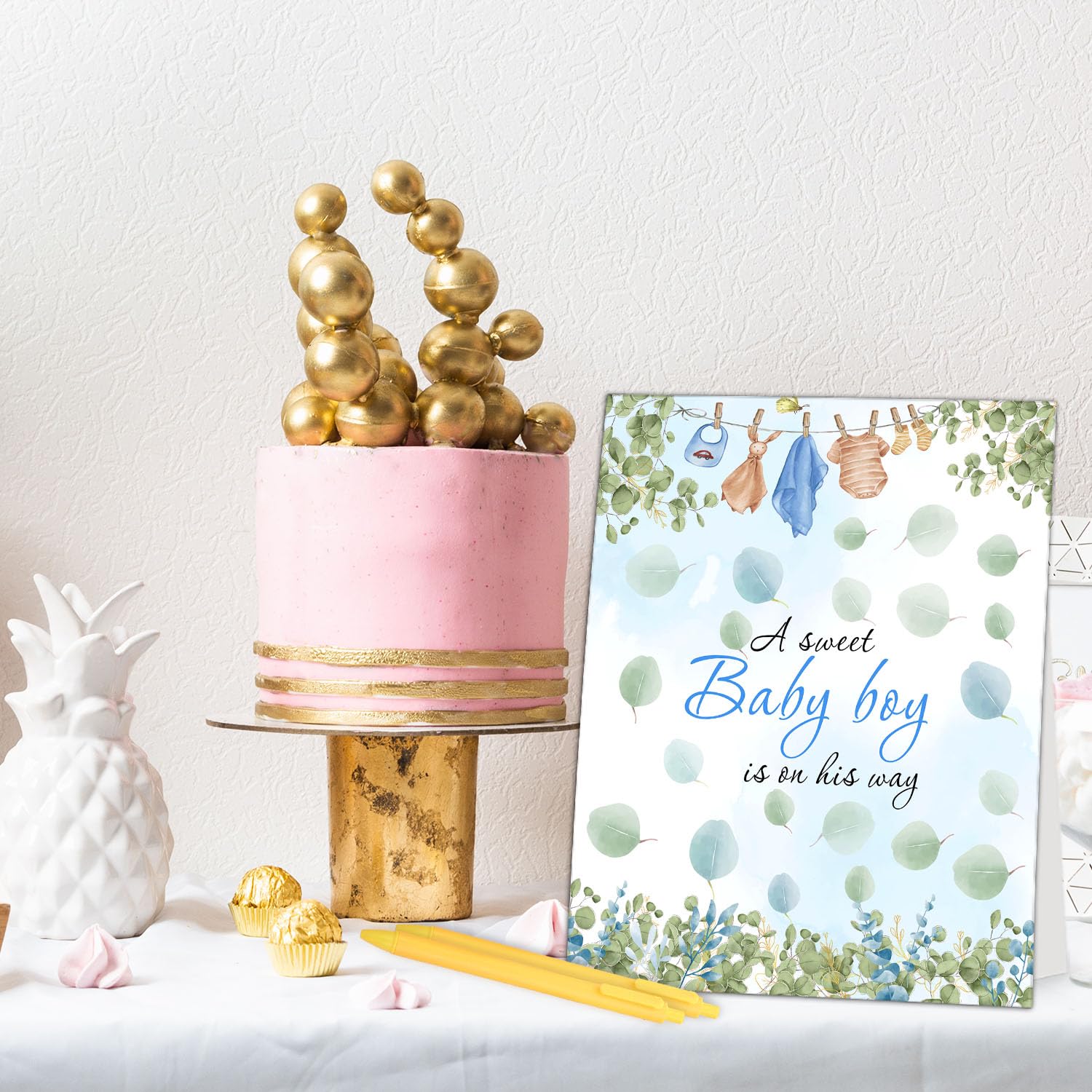 Dekoracje na baby shower, pamiątkowa księga gości, zabawne artykuły na baby shower, specjalna znacząca dekoracja kartonowa