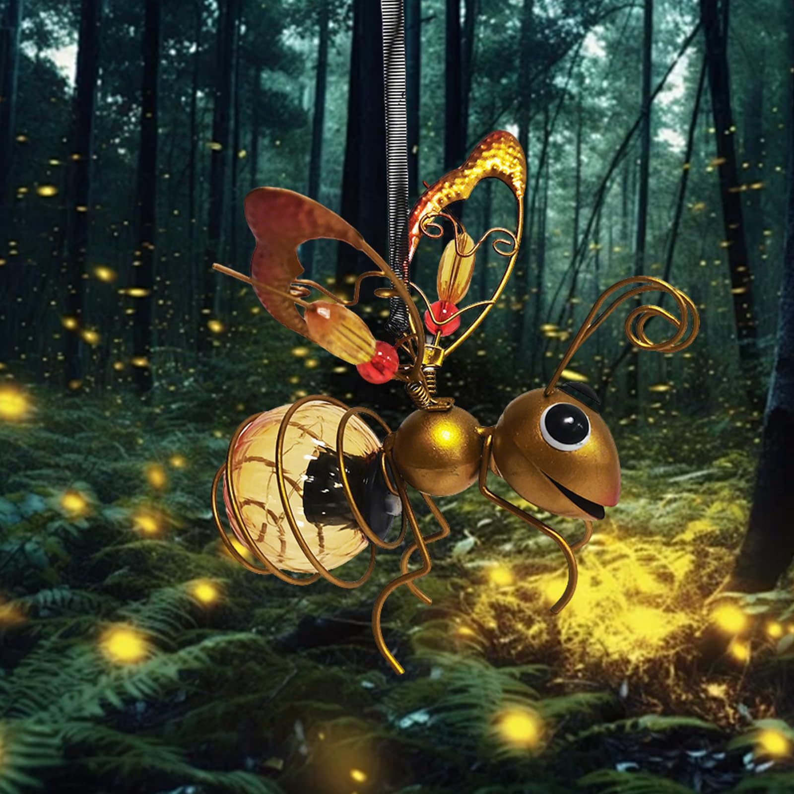 Bee Solar Lights Outdoor Garden Hanging Solar Powered Bee Light with Spring Sway, Waterproof Insect Lantern Decor, Novelty Bee Solar Lanterns for Outside, Garden, Auto On/Off (Gold)