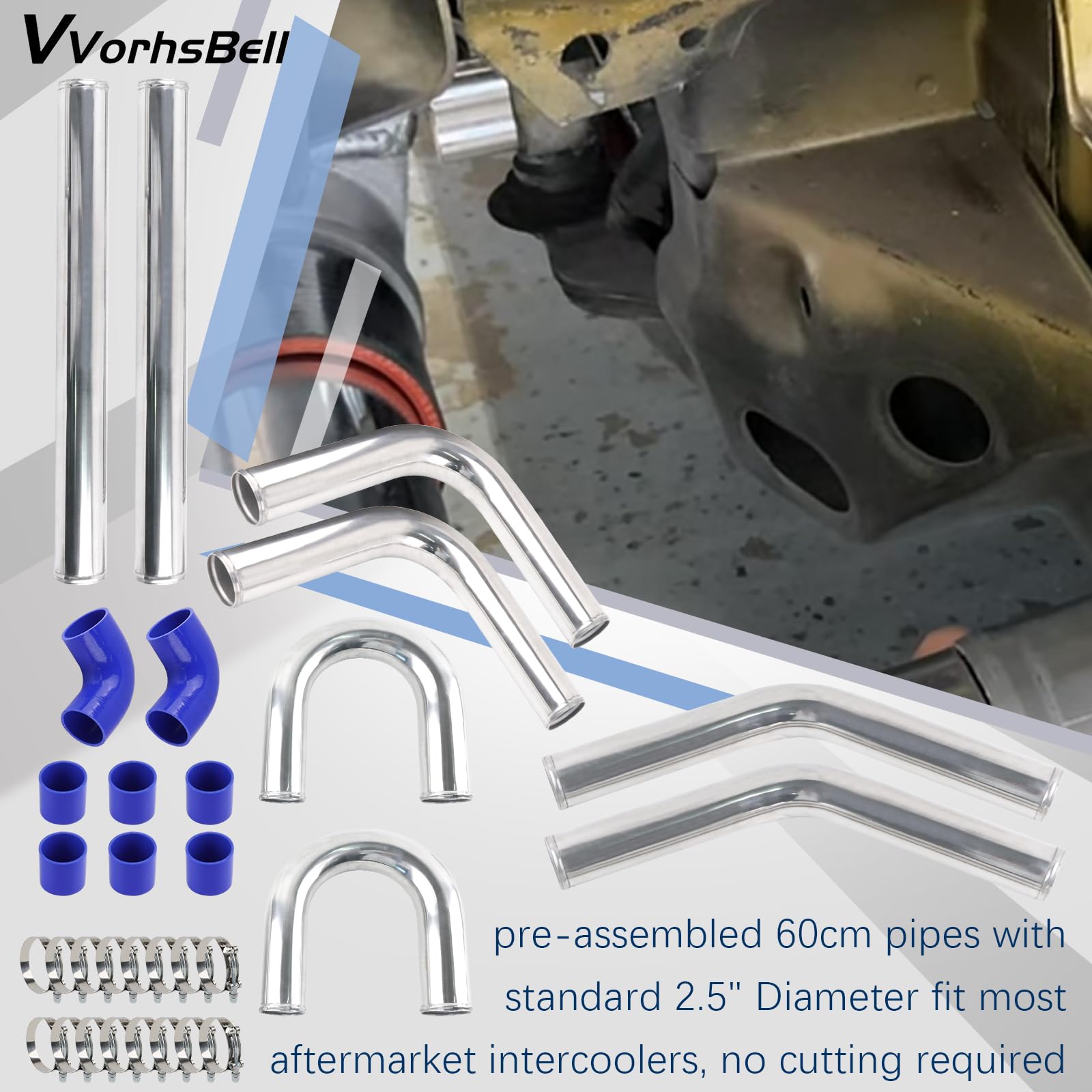 Set di tubazioni per intercooler turbo universale in alluminio da 2,5 pollici con tubi in silicone e fascette T per modifiche auto (Diesel/Gas)