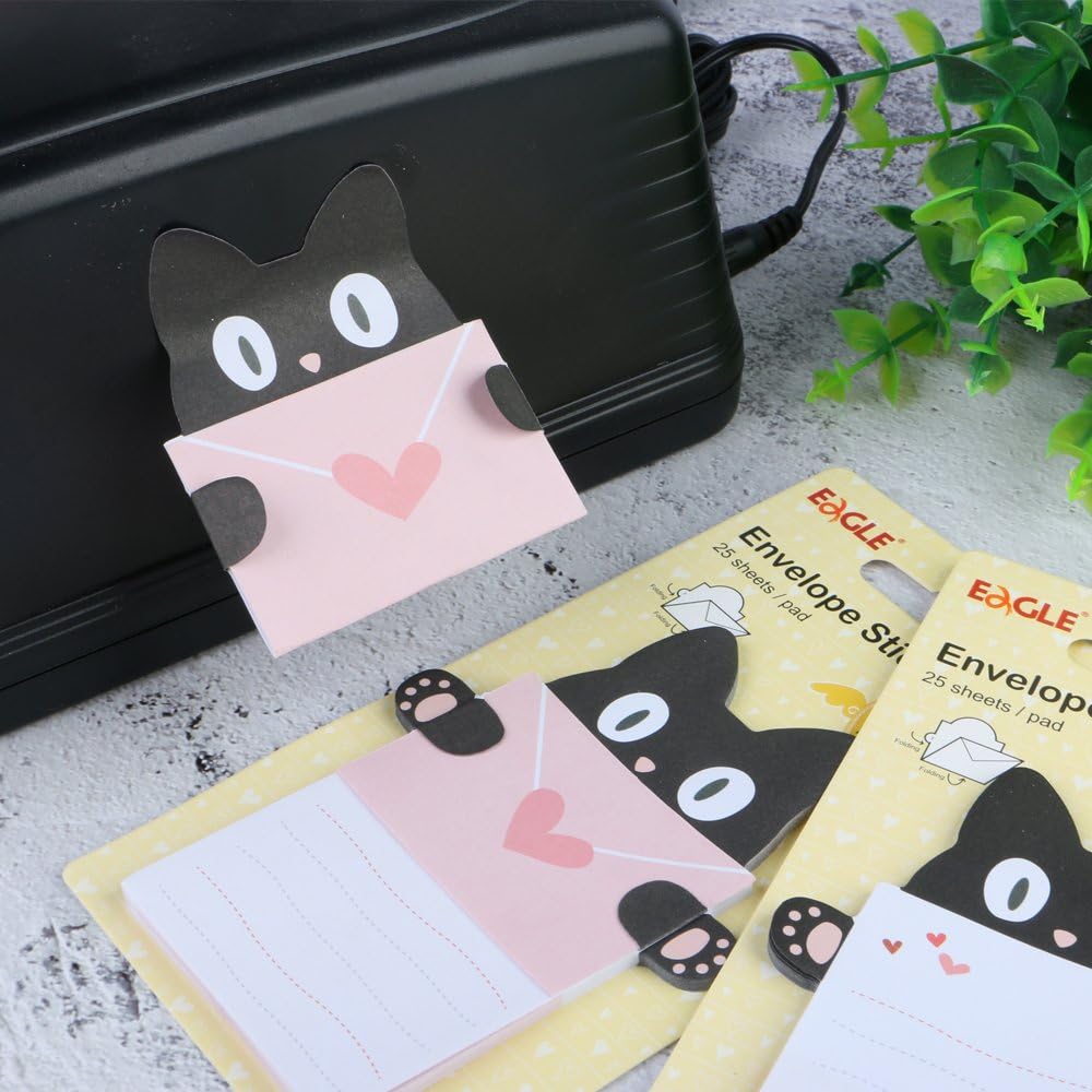 Eagle Cute Cartoon Envelope Sticky Notes, Self-Adhesive, Fold-able, for Private Messaging, Memo Pad, 2-Pack, 50 Sheets in Total (Cat)