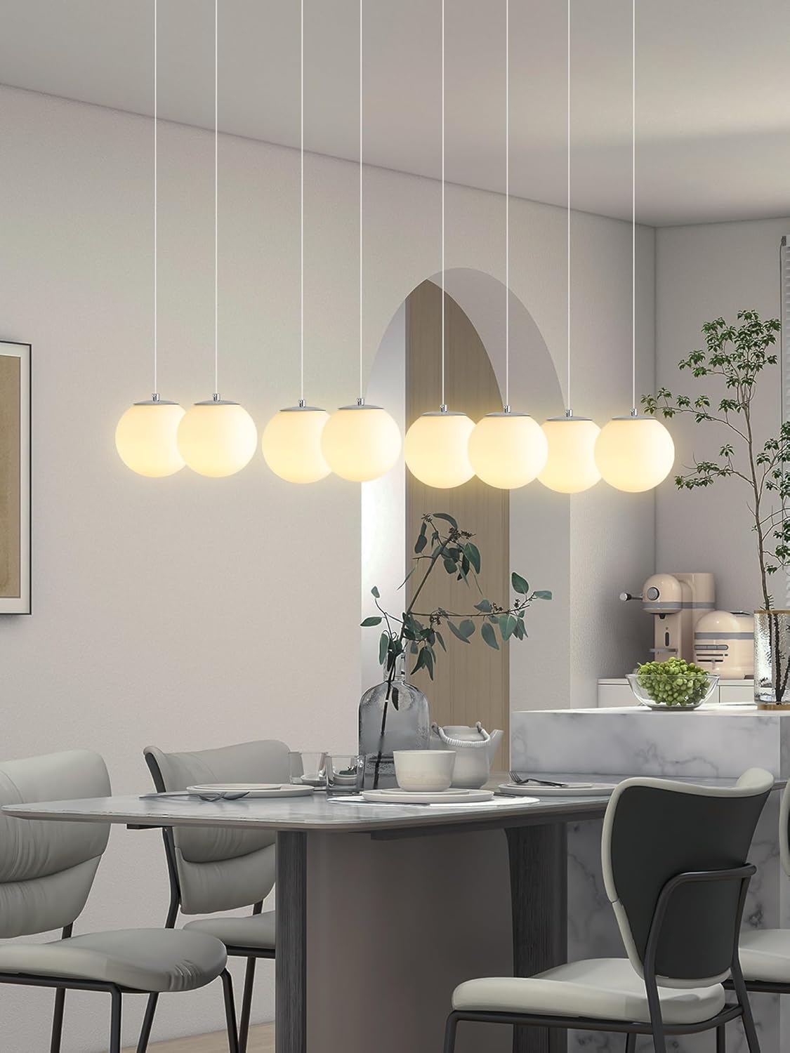 Chandeliers for Living Room Silver Pendant Light with White Globe Glass Dimmable Ceiling Light Rectangular Flush Mount Chandeliers Ceiling Light for Kitchen Island, Dining Room,Entry Hallway,