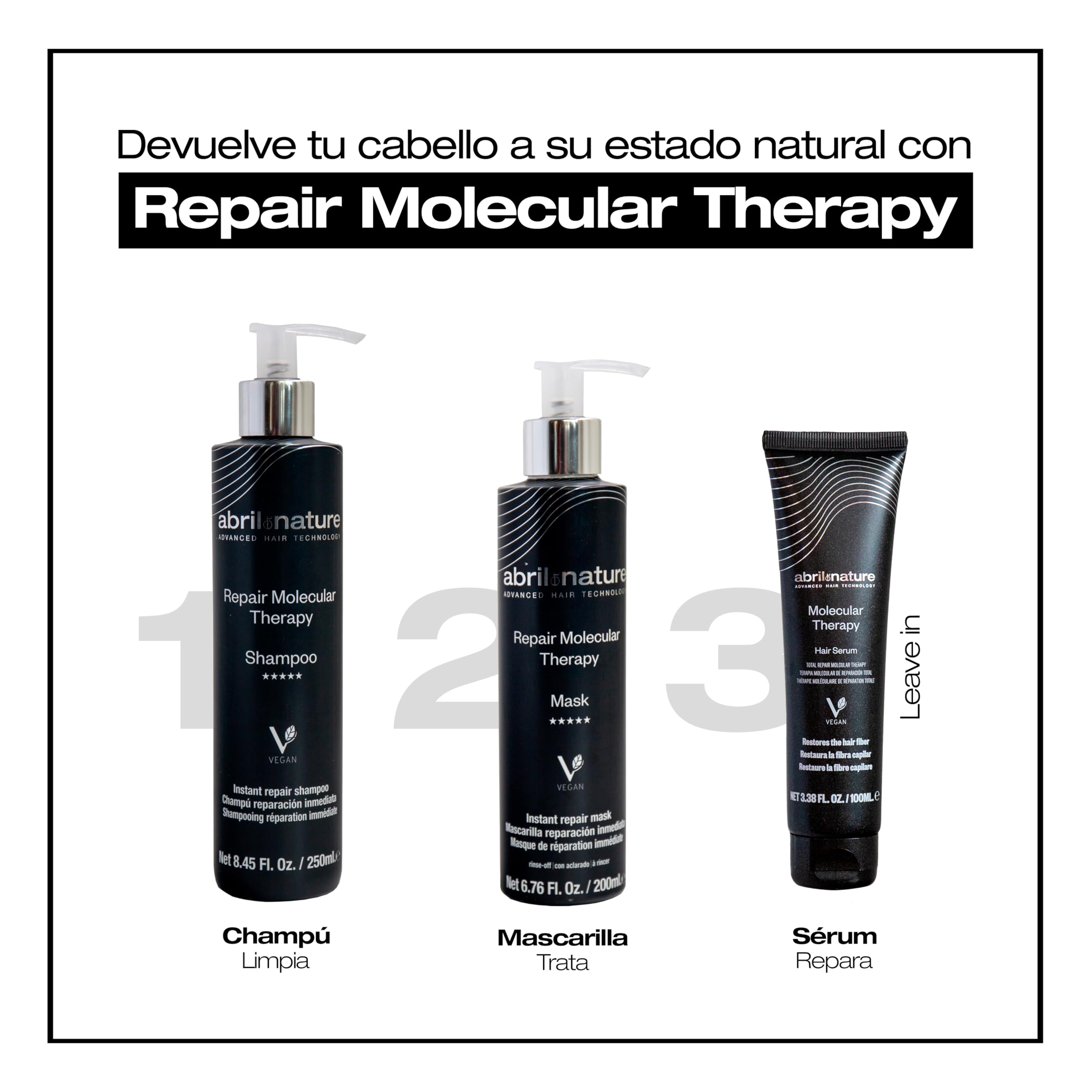 abril et nature - Set de Cuidado Capilar Profesional Reparador - Molecular Therapy - Pack Champú, Mascarilla y Sérum para Cabellos Dañados, Castigados o Envejecidos - Restaura y Repara - 550 ml