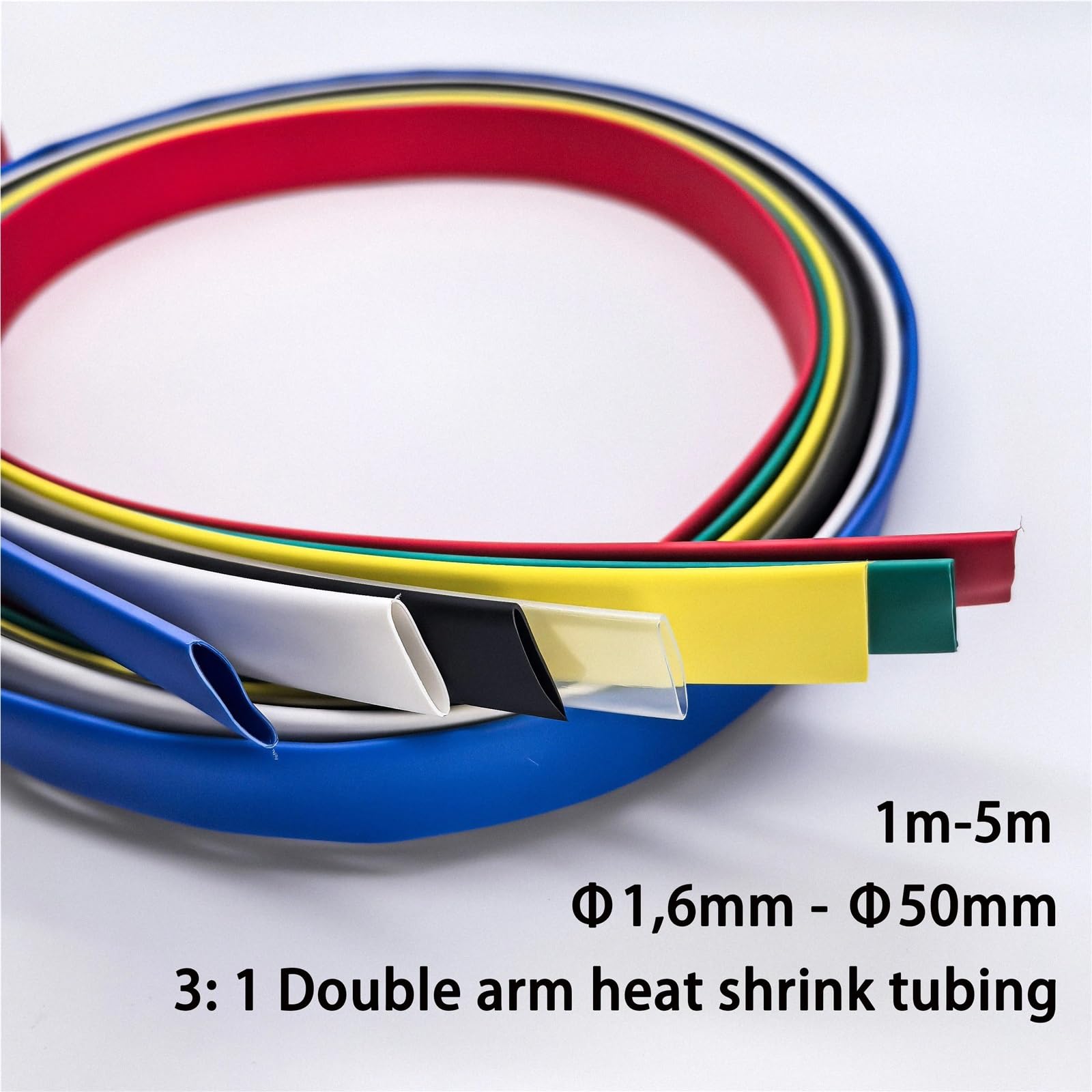 Tubo termorretráctil de Doble Pared de PE 3:1 con Adhesivo, Φ1,6 mm - Φ50 mm, Siete Colores, 1 m-5 m(White,9.5MM_5M)
