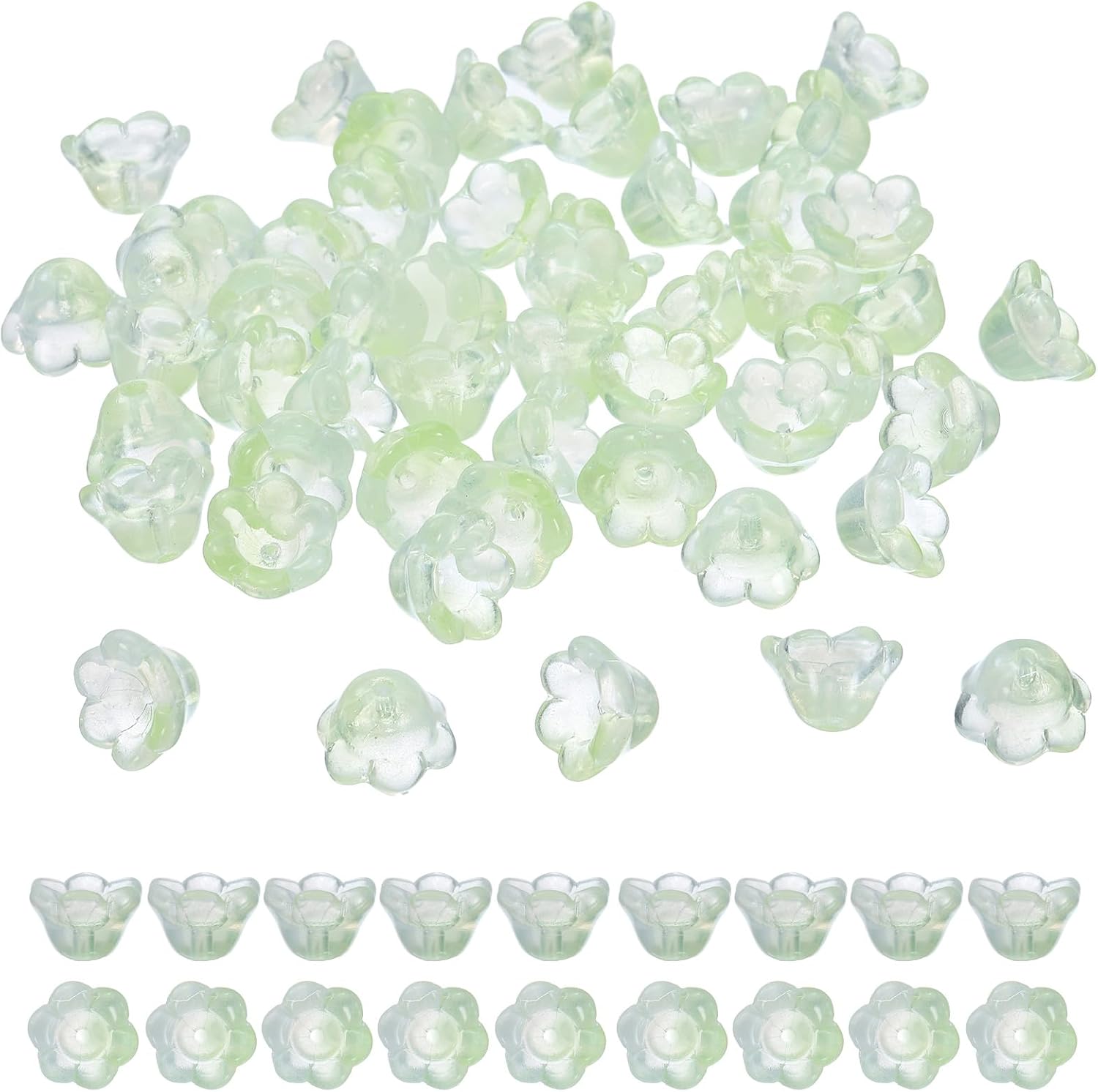uxcell 100 Pcs Glass Flower Beads for Jewelry Making, Glass Trumpet Flower Spacer Beads Floral Loose Bead Caps Charm for DIY Necklace Earrings Bracelets Crafts Supplies, Light Green