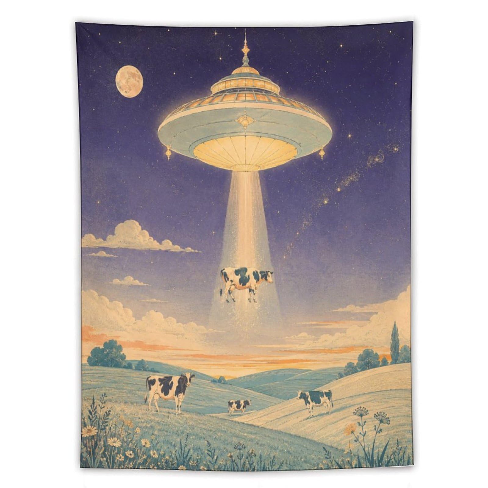 W7C8U2X3 UFO Cattle Moonlit Pasture Wall Tapestry, Retro Sci Fi