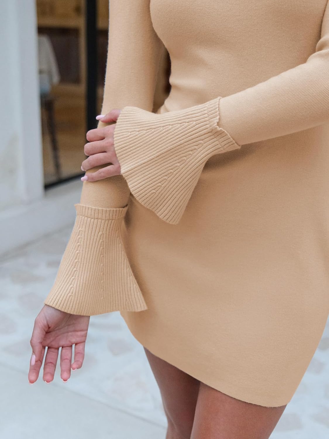 EXLURA Women Sweater Dress Fall Winter Bell Long Sleeve Mini Dresses Turtleneck Pullover Ribbed Knit Stretch Bodycon Dress - Image 4