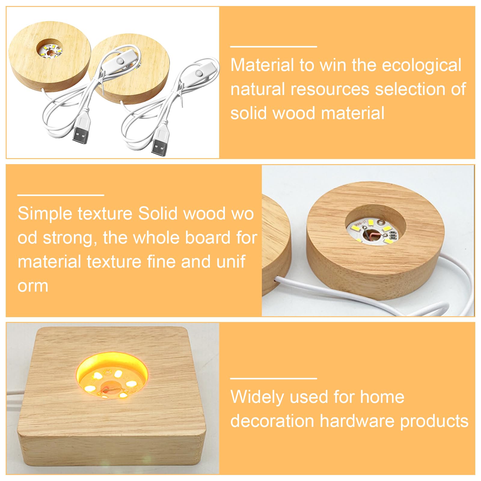 Lot De 6 Socles Lumineux LED En Bois 8x8x2 Cm - Lumière Blanche Chaude Réglable, Port USB, Pour Cristaux, Bijoux…