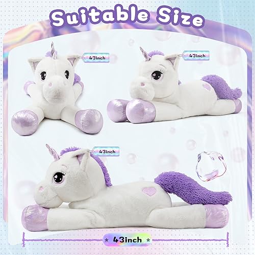 Miniatura 2 de Peluche de unicornio gigante de 43 pulgadas, almohada de peluche de unicornio, regalo para niñas, niños, novia, blanco y morado