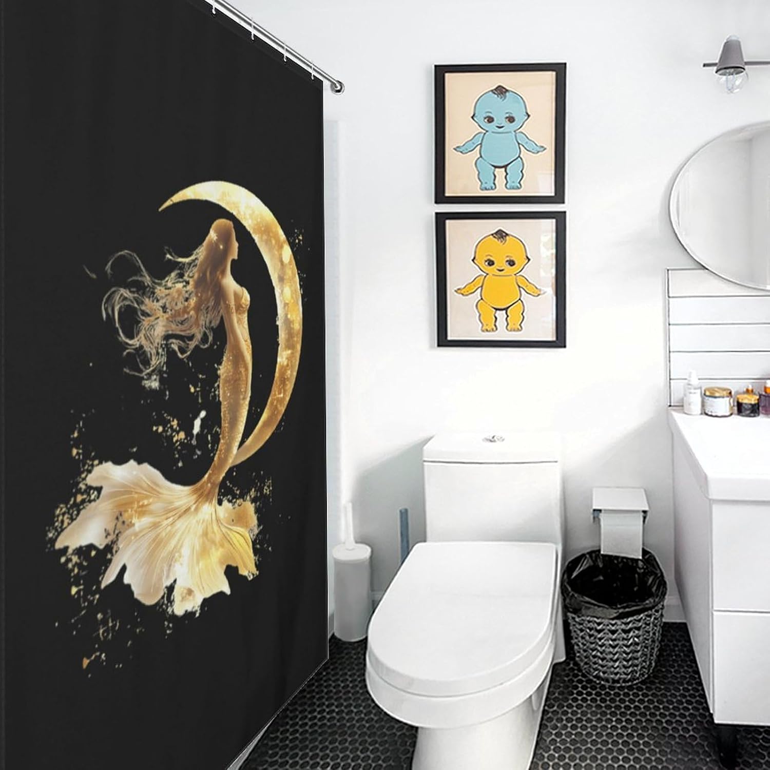 Golden Color Mermaid Moon Funny Shower Curtains Washable Bath Curtain Liner with Hooks for Bathroom Bath Tubs