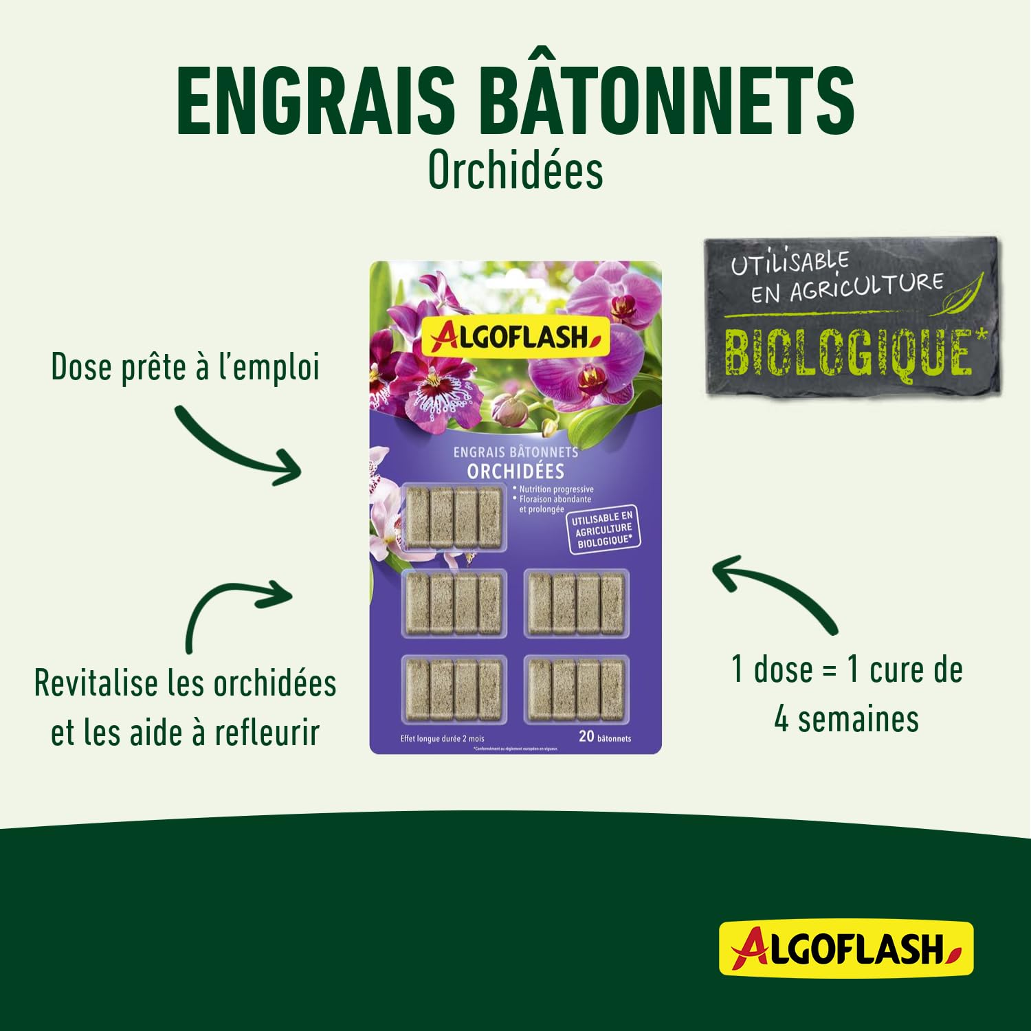Algoflash - Palitos de fertilizante para orquídeas, apto para agricultura ecológica, 20 palos