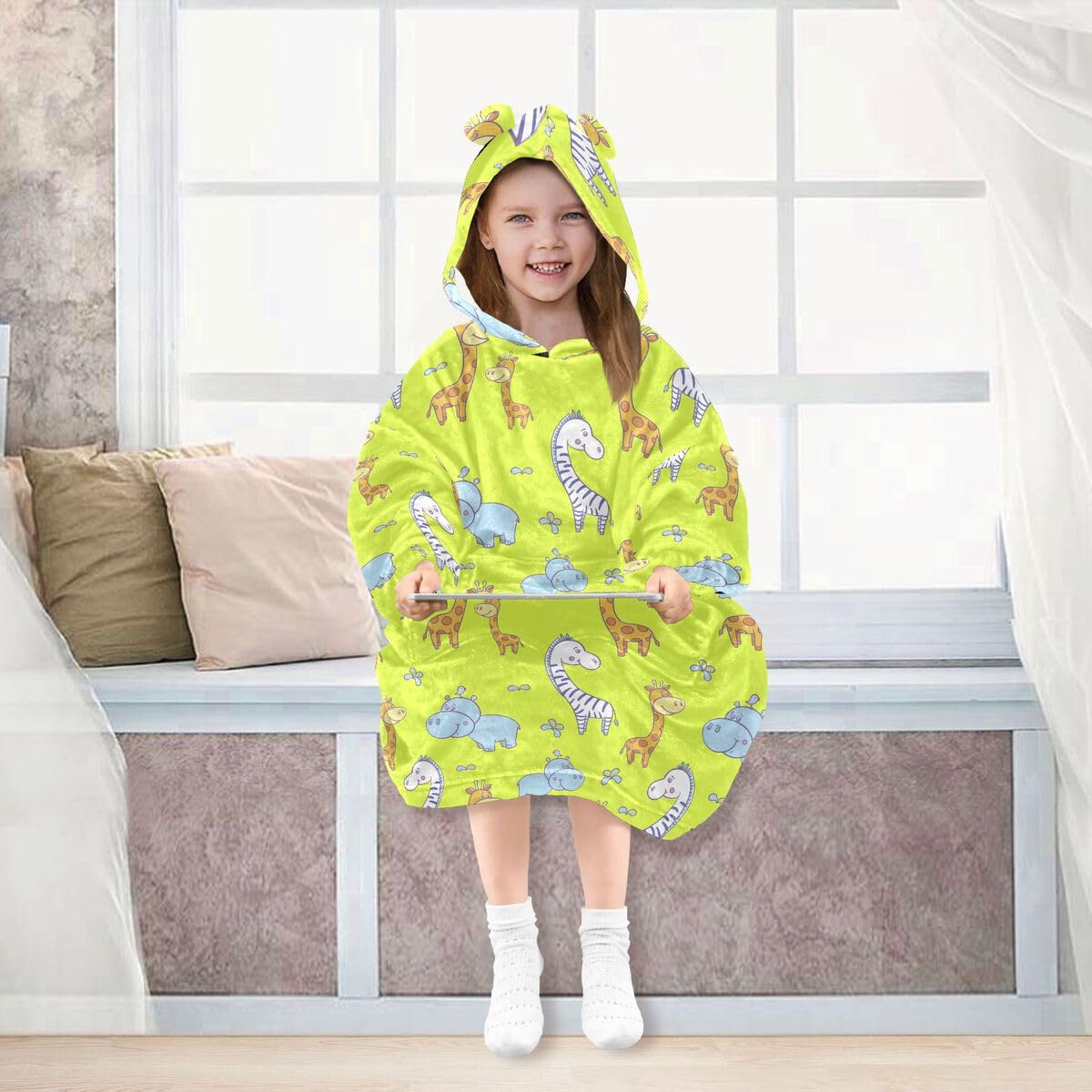 Żółta żyrafa dziecięca przenośna bluza z kapturem, oversize, sweter, kreskówka, zwierzęta, zebra, dla chłopców i dziewczynek w wieku 3-14 lat