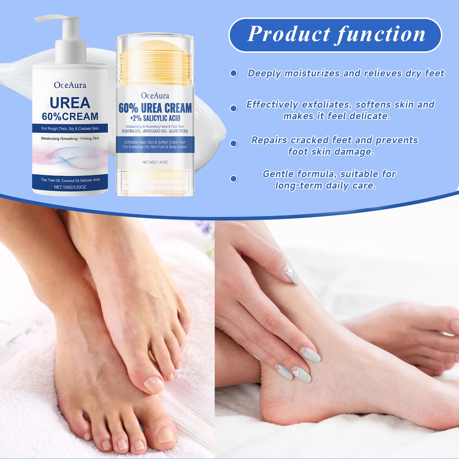 Crema Piedi Urea 60%,Crema Urea,100g panna Idratante +40g Foot panna Stick,Un'idratazione Profonda,per la Riparazione di e Mani,lozione per Piedi per Pelle Secca,Screpolata