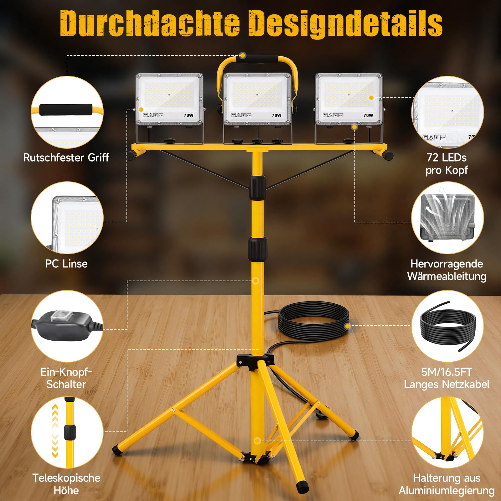 Yofuly Baustrahler LED mit Stativ 3×70W 21000LM, 3 Verstellbare Köpfe Baustellenlampe IP66 Wasserdichte, Baulampe mit 5m Kabel für Garage Werkstatt Baustelle, PC-Linsen | Höhenverstellbar 160cm