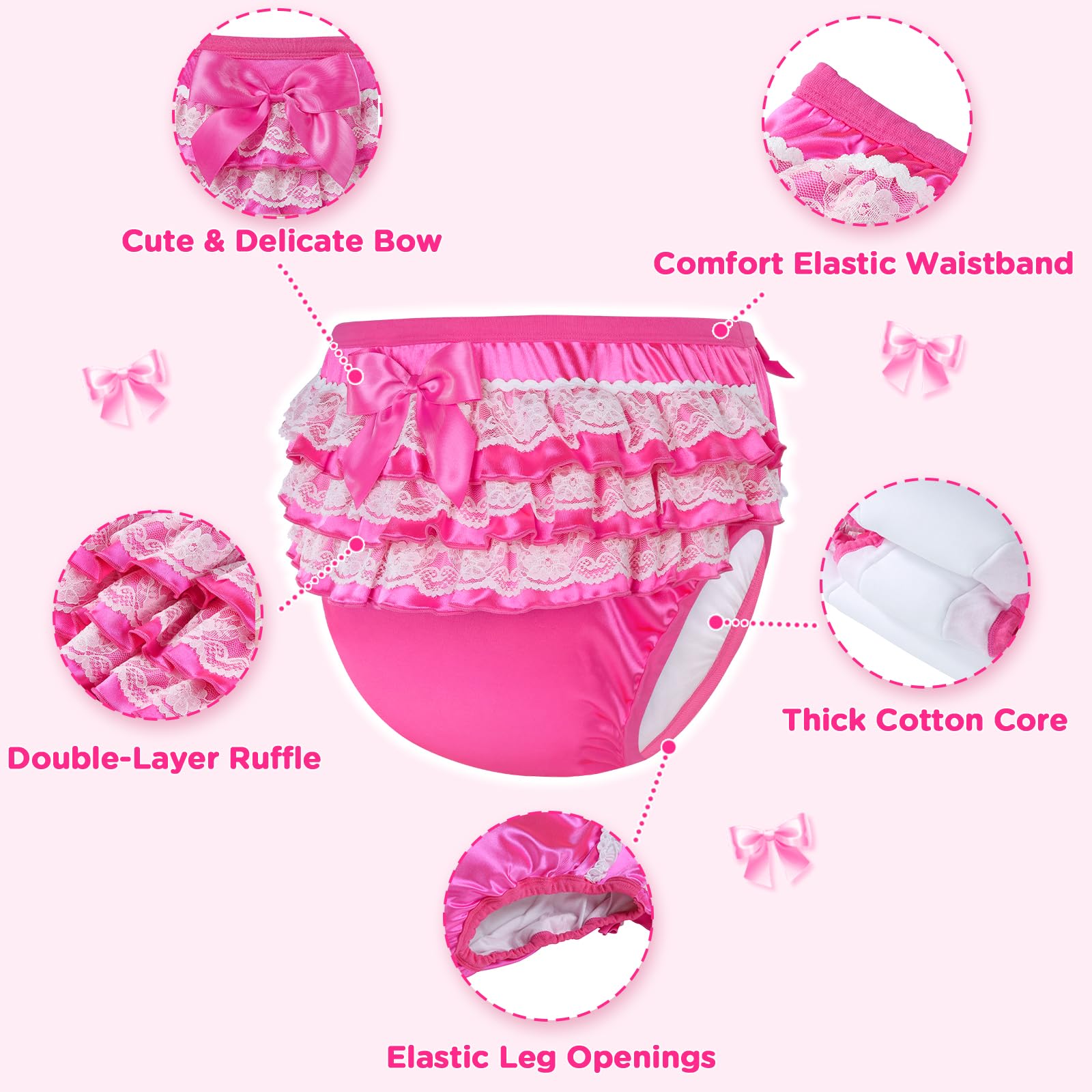 LittleForBig Weiche Unterwäsche Bequeme Waschbare Wiederverwendbare Gerüschte Spitzenschleife Pretty in Magenta Satin Trainingshosen für Erwachsene M