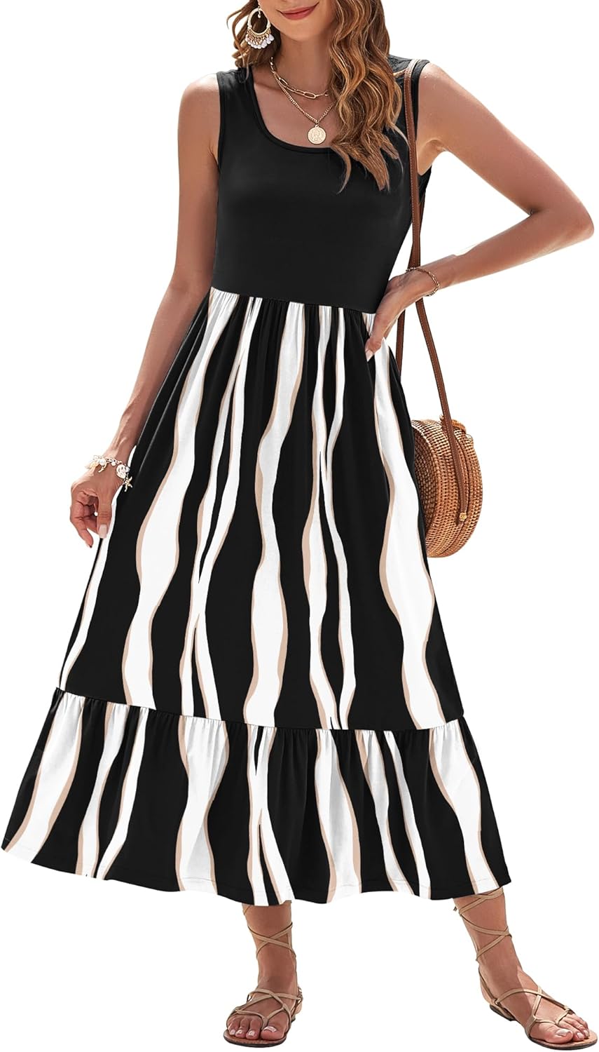 AUSELILY Womens Summer Dresses 2026 Sleeveless Maxi Dress Square Neck Casual Tiered Long Dress with Pockets