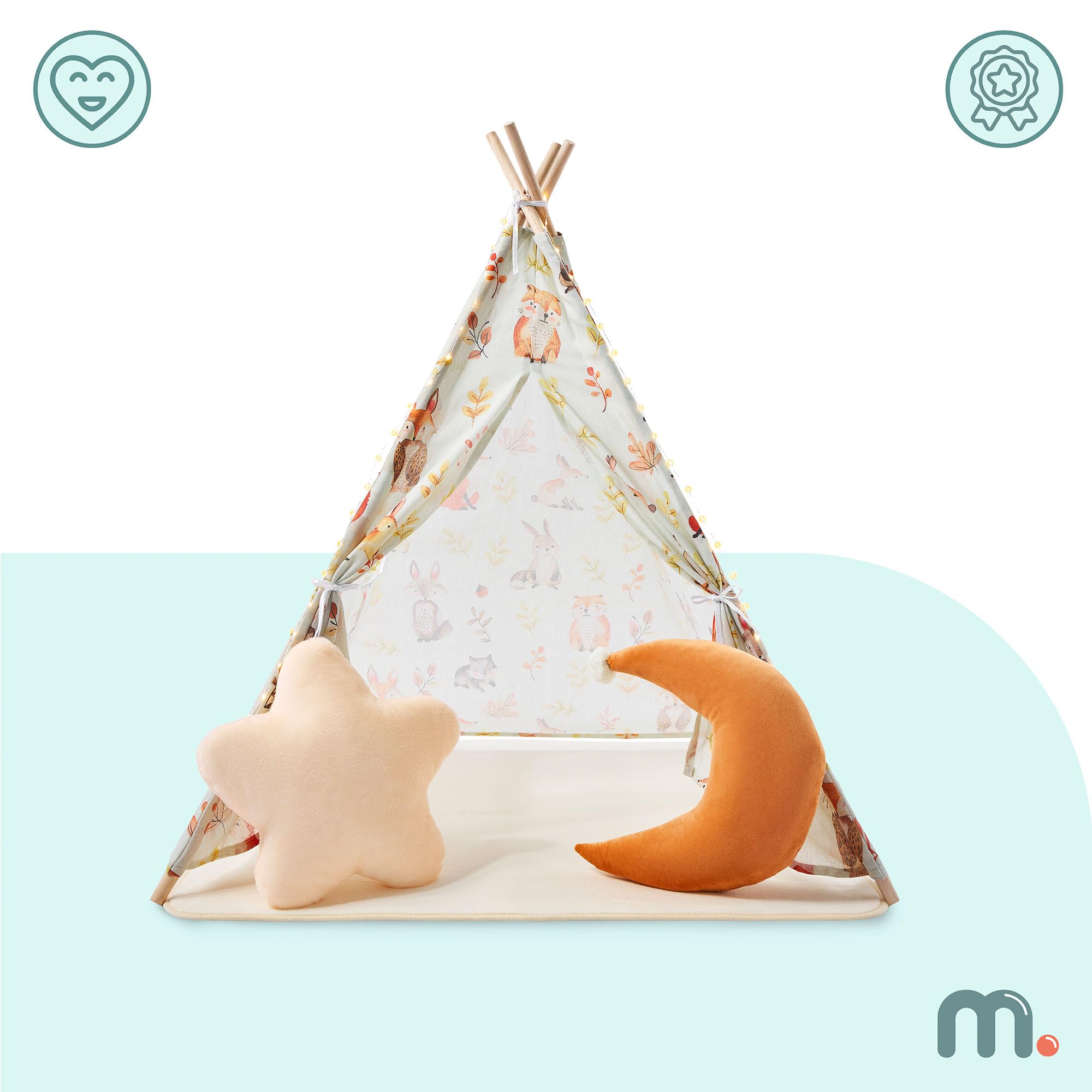 Mamabrum Tente Enfant Intérieur Forêt avec Tapis Rembourré, Coussins Décoratifs et Guirlande LED, Cabane de Jeu Chambre dès 3 Ans