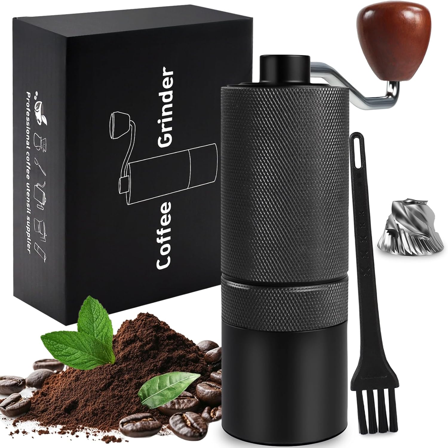 Manual Coffee Grinder Gift Box Detachable Stainless Steel Conical Burr Aluminum Coffee Bean Grinder with 25 Grinding Settings Cleaning Brush Grindable Espresso Moka Pot for Camping Black