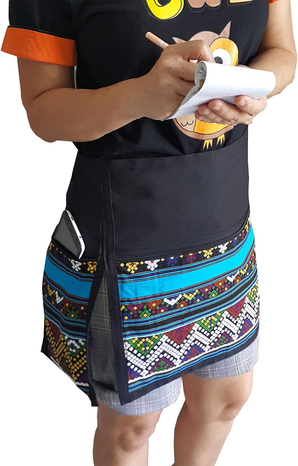 TG888 Chic Half Short Waitress Apron Novelty Printed Blue Striped Cafe Bar Pub Workwear Restaurant Kitchen Hairdresser Artist