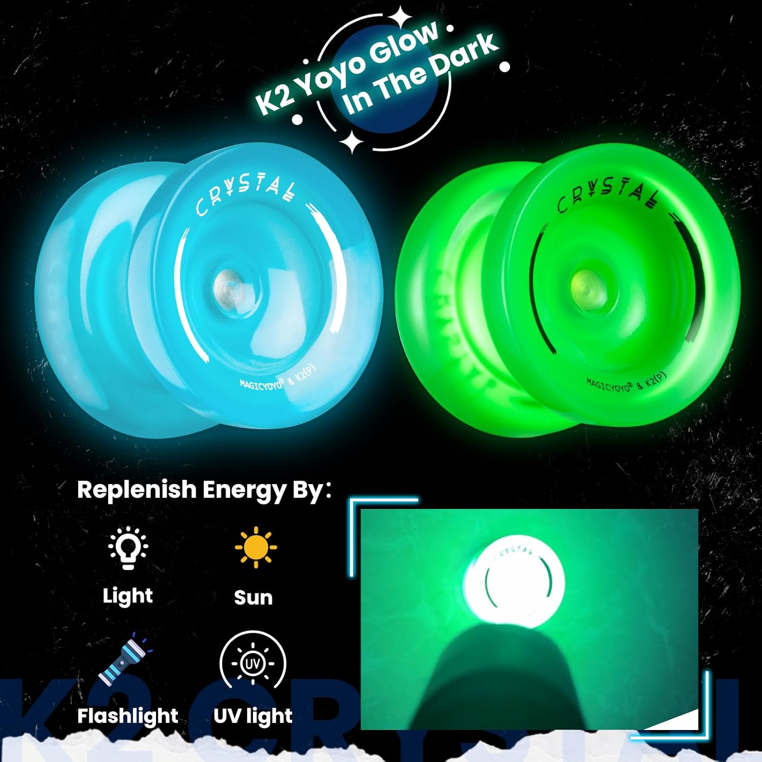 MAGICYOYO K2 Crystal Yoyos Glow in The Dark, Responsive Yoyo for Kids，Unresponsive Yo yos for Adults, Plastic Yo-Yo Professional for Fingerspin Trick + 12 Strings + Accessory kit (Glow Yoyo Pack)