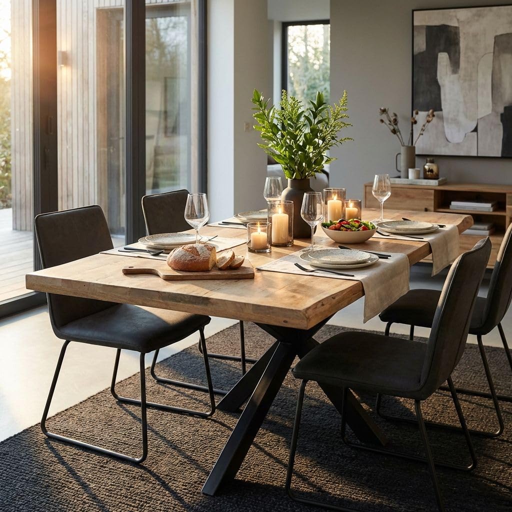 milani home - tavolo da pranzo fisso 200 x 100 x 77 cm, piano in legno massiccio mango naturale, base in metallo nero