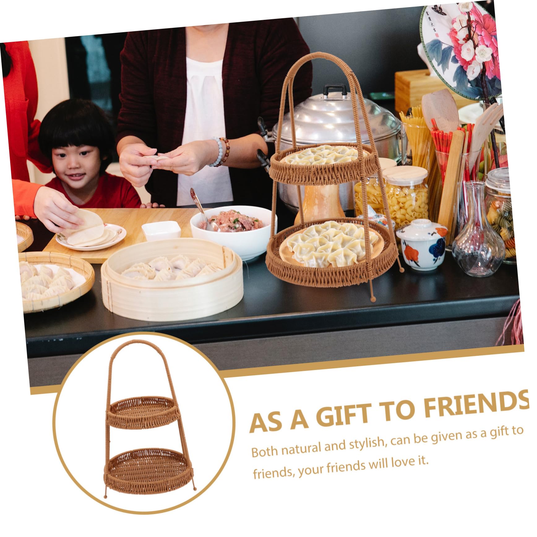 OKUMEYR Portable Cupcake Hand Basket Elegant Imitation Rattan Serving Tray for Snacks Fruits and Hot Pot Stylish Desktop Organizer for Restaurants and Home Decor