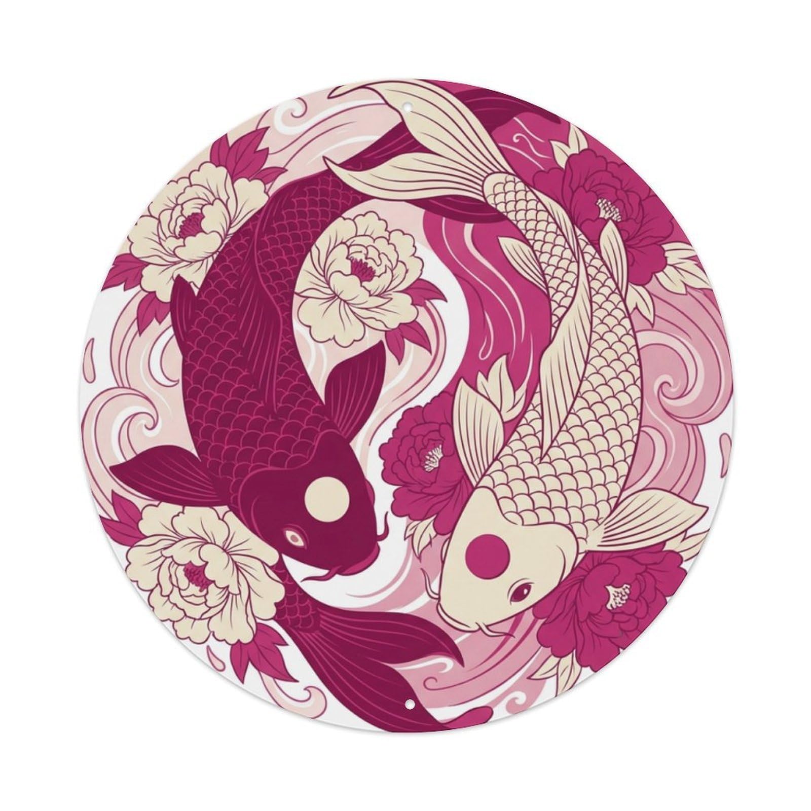 Metal Tin Sign Tai Chi Koi Fish Peony Prosperity