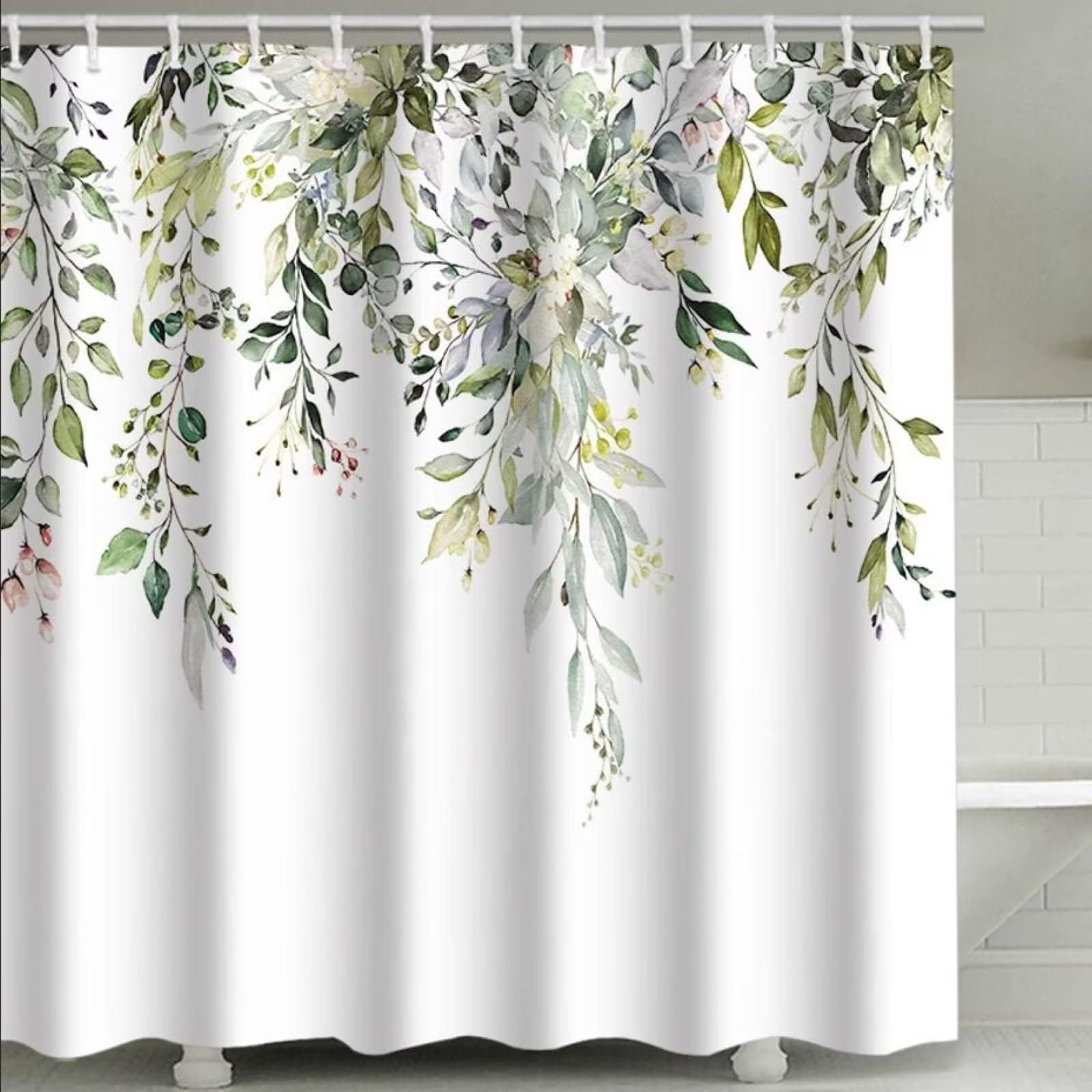 Floral Shower Curtain Waterproof Plant Bathroom Decoration Leaves Washable Bathroom Curtain Decor Quick-Drying Shower Curtain with 12 Hooks 180x180cm (71"x71")